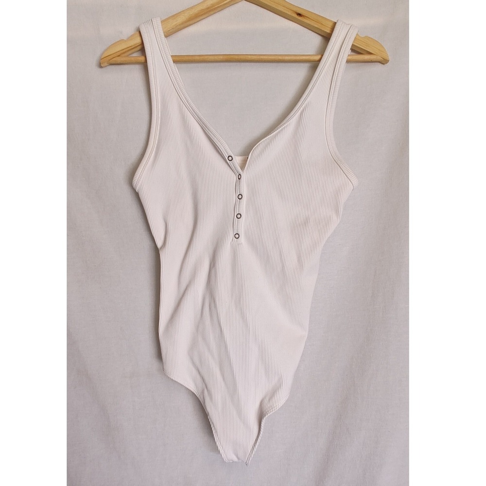 Abercrombie & Fitch Bodysuit Soft A F Collection White Ribbed Henley Snap Bottom